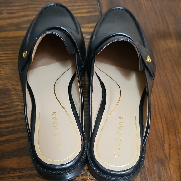 Cole Haan Black Leather Slip-On Mule Loafers with Gold Accent - Picture 2 of 4